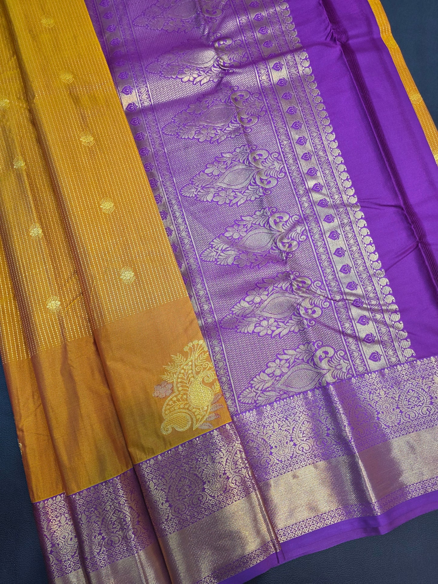 Mustard Gold Semi Silk Saree with Royal Purple Korvai Zari Pallu | Traditional Wedding Saree