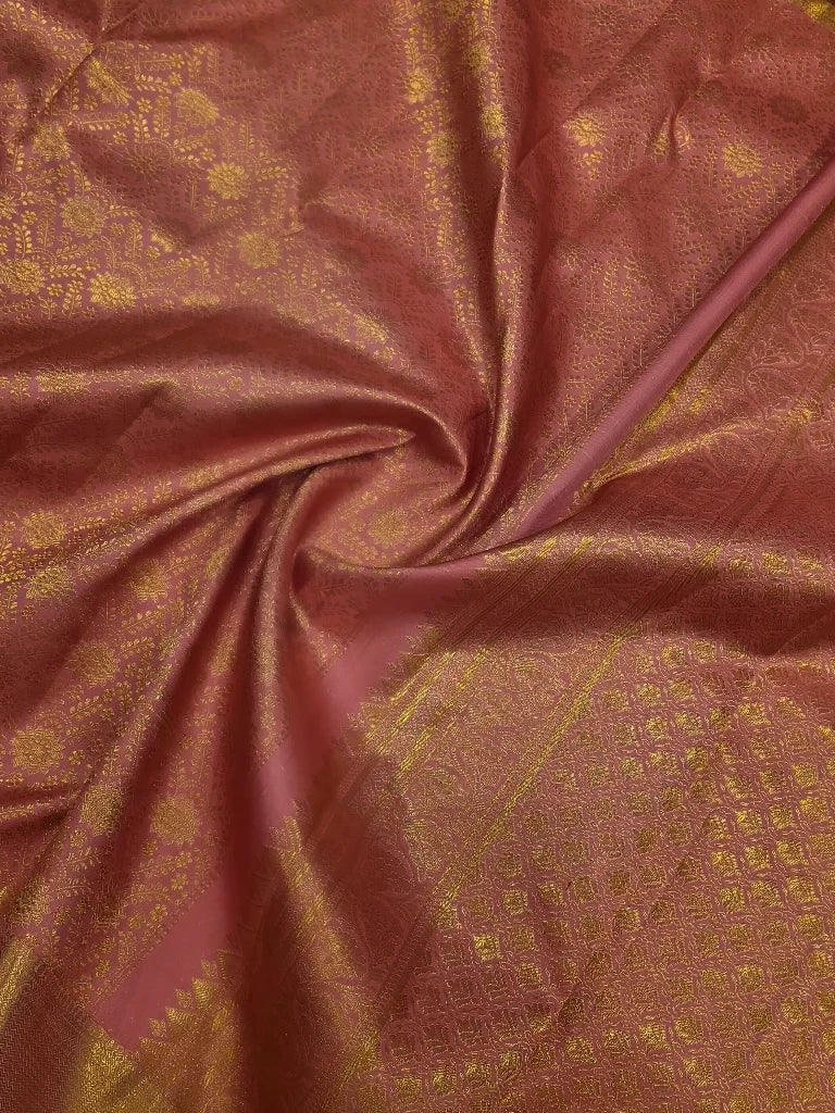 Dusty Rose Pink Pure Kanchipuram Silk Saree with Antique Gold Zari Border & Floral Motifs | Bridal Silk