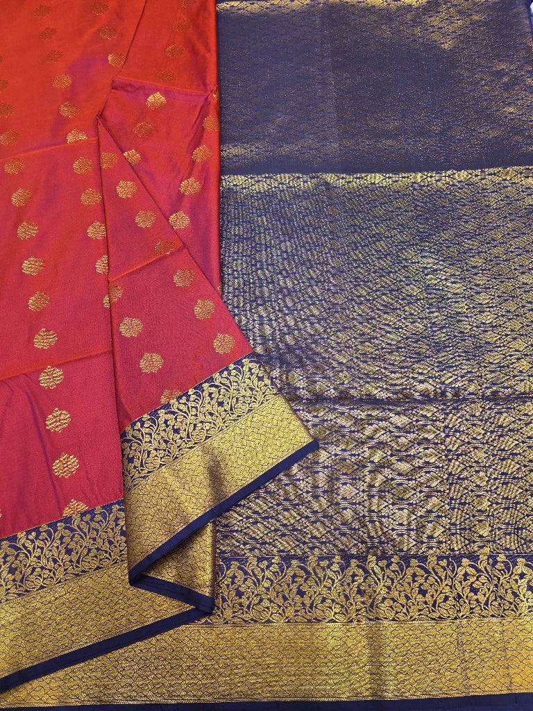 Coral Red Semi Kanchipuram Silk Saree with Navy Blue Gold Zari Border & Rich Brocade Pallu