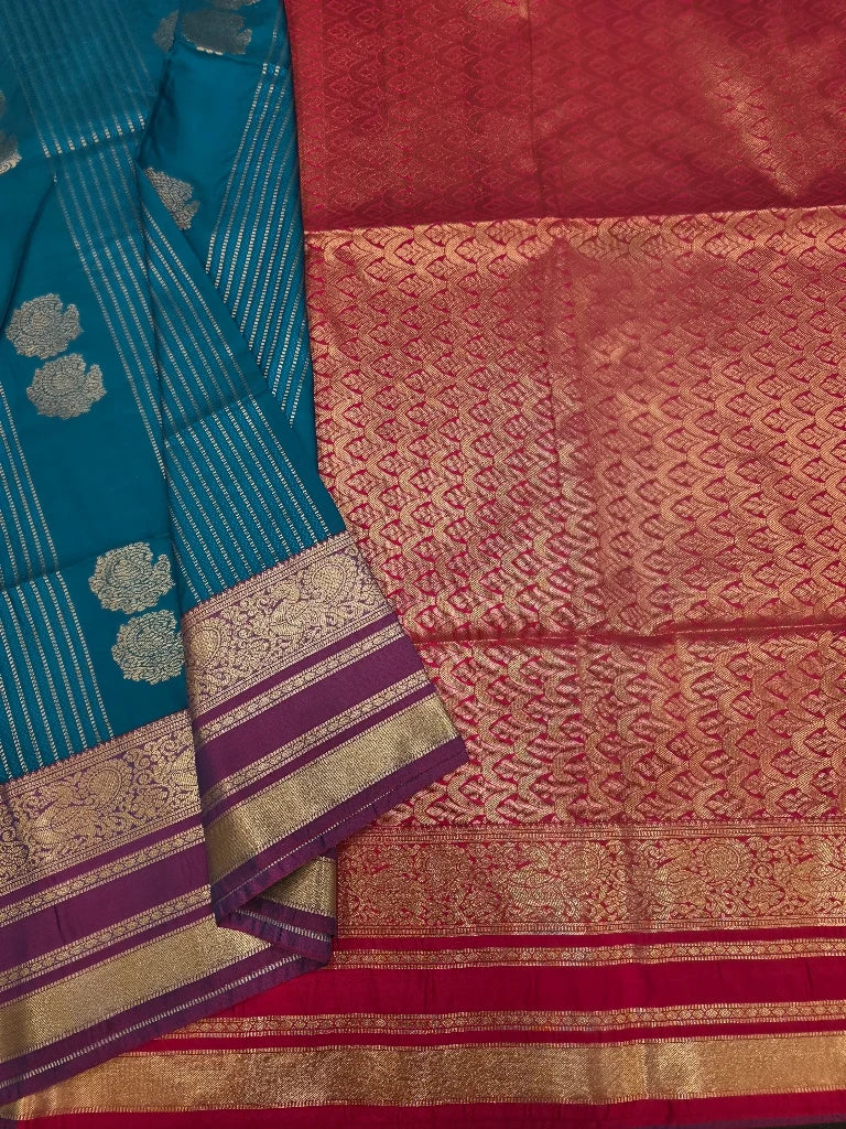 Peacock Blue Semi Kanchipuram Silk Saree with Magenta Purple Zari Border & Rich Red Pallu