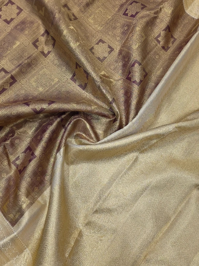 Royal Wine Purple Checks Pure Kanchipuram Silk Saree with Ivory Gold Zari Border & Rich Pallu