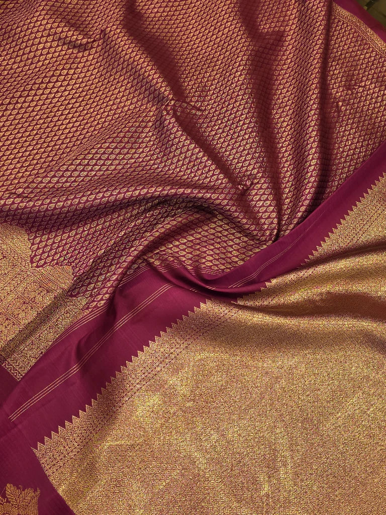 Royal Wine Purple Pure Kanchipuram Silk Saree with Peacock Zari Border & Rich Gold Pallu | Bridal Saree
