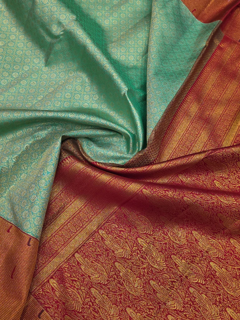 Aqua Blue Pure Kanchipuram Silk Saree with Floral Zari Buttas & Maroon Gold Zari Pallu | Bridal Silk Saree