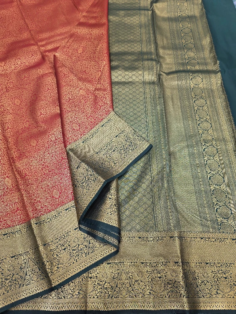 Coral Pink Semi Kanchipuram Silk Saree with Peacock Blue Contrast Border & Rich Gold Zari Pallu