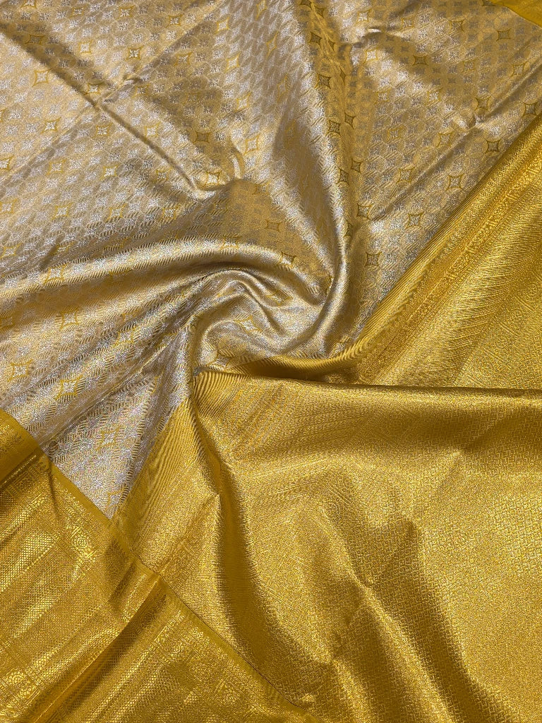 Royal Ivory & Golden Zari Pure Kanchipuram Silk Saree with Rich Gold Border | Bridal Wedding Pattu Saree