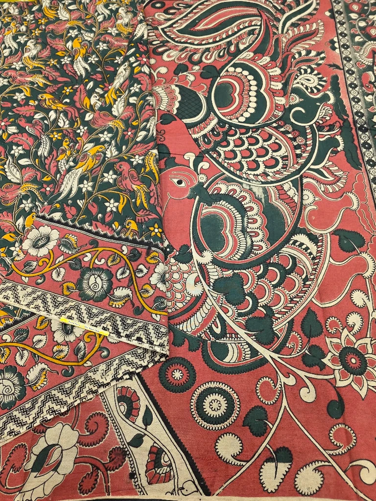 Dark Green & Rust Red Kalamkari Saree with Grand Peacock Pallu | Traditional Floral Printed Saree