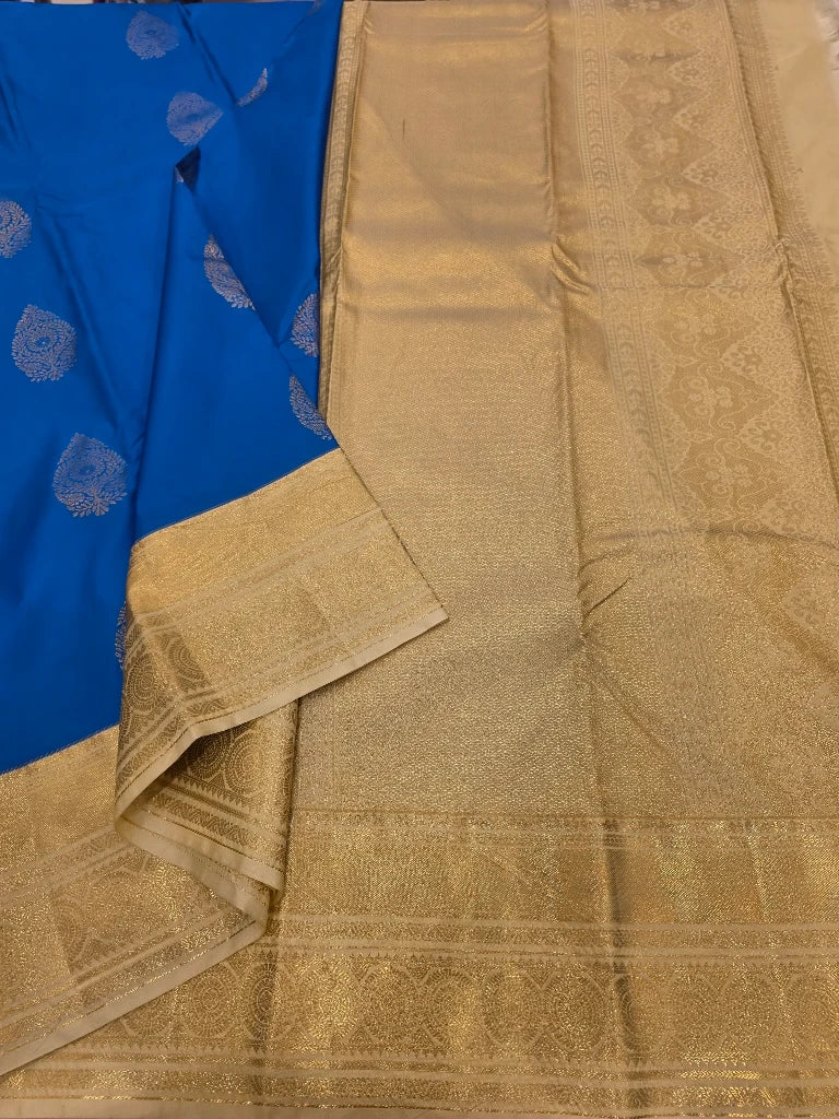 Royal Blue Semi Kanchipuram Silk Saree with Gold Zari Border & Rich Golden Pallu | Traditional Bridal Saree