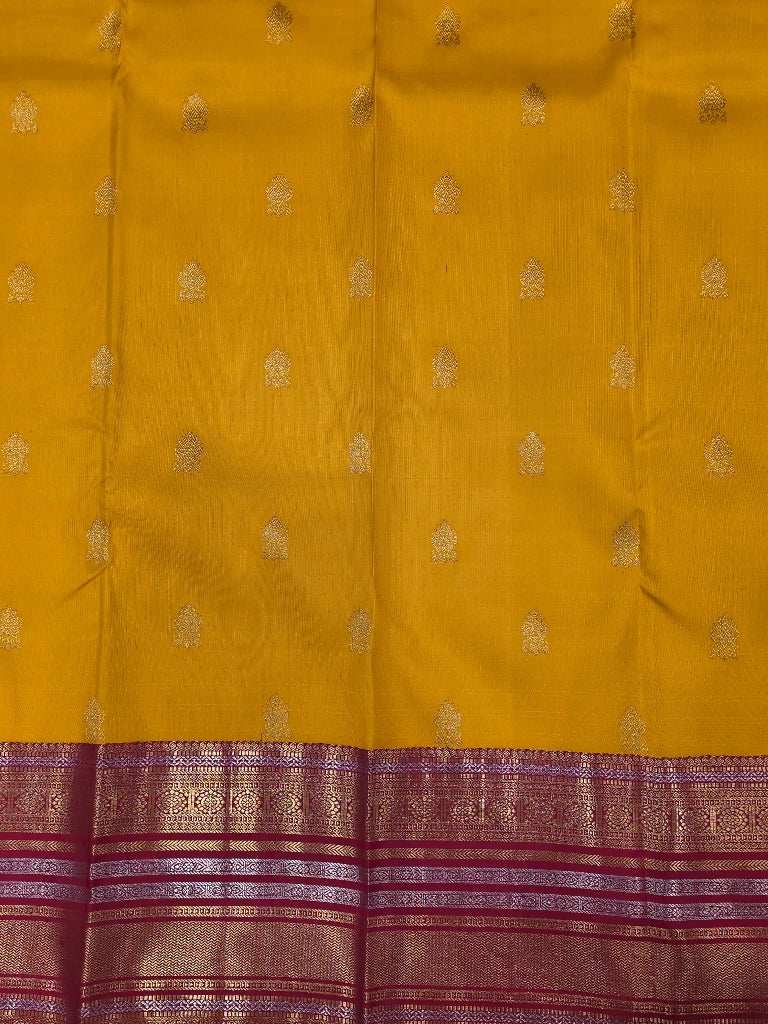 Mustard Yellow Pure Kanchipuram Silk Saree with Maroon Gold Zari Border | Bridal Saree