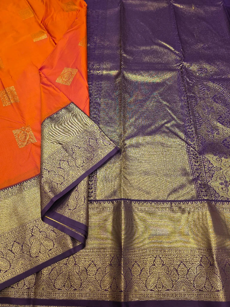 Royal Orange Semi Kanchipuram Silk Saree with Purple Gold Zari Border & Rich Bridal Pallu