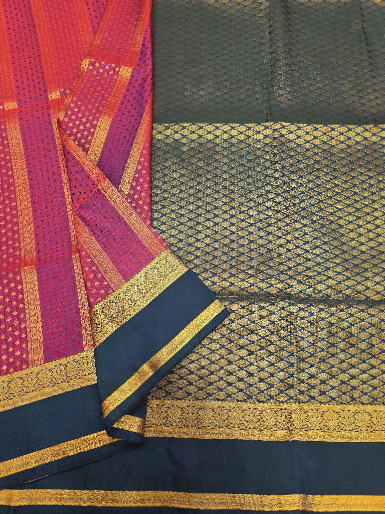 Coral Pink Semi Kanchipuram Silk Saree with Navy Blue Contrast Zari Border & Rich Gold Brocade Pallu