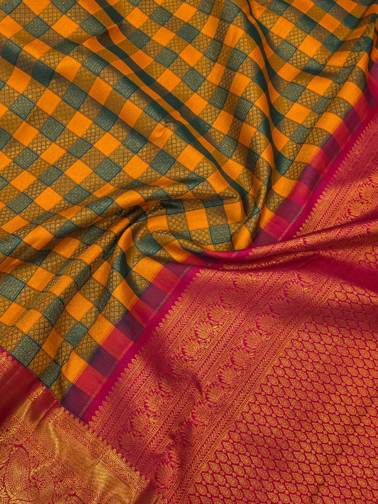 Royal Mustard Yellow & Purple Pure Kanchipuram Silk Saree with Peacock Floral Zari Border | Bridal Saree