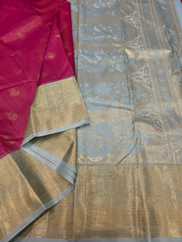 Rani Pink Semi Kanchipuram Silk Saree with Ice Blue Gold Zari Border & Floral Brocade Pallu