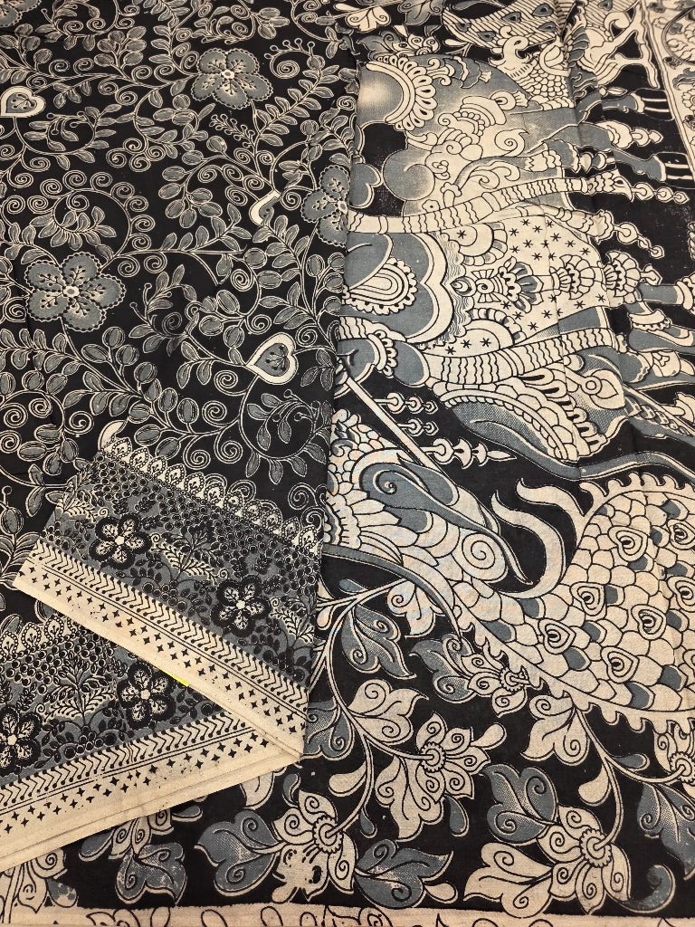Black & Ivory Kalamkari Saree with Traditional Peacock Pallu | Floral Printed Ethnic Saree