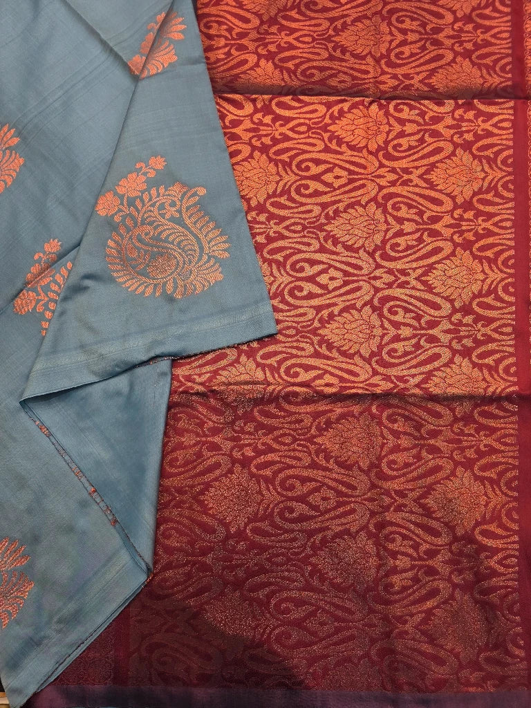 Slate Blue Semi Kanchipuram Silk Saree with Copper Zari Peacock Motifs & Maroon Brocade Pallu