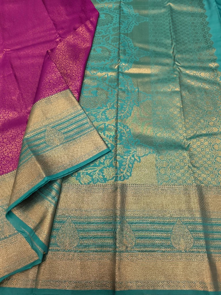 Royal Magenta Pink Semi Kanchipuram Silk Saree with Peacock Blue Gold Zari Border & Rich Pallu