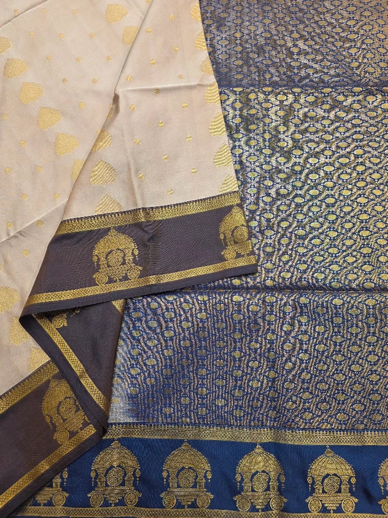 Ivory Cream Semi Kanchipuram Silk Saree with Gold Zari Buttas, Temple Border & Royal Blue Brocade Pallu