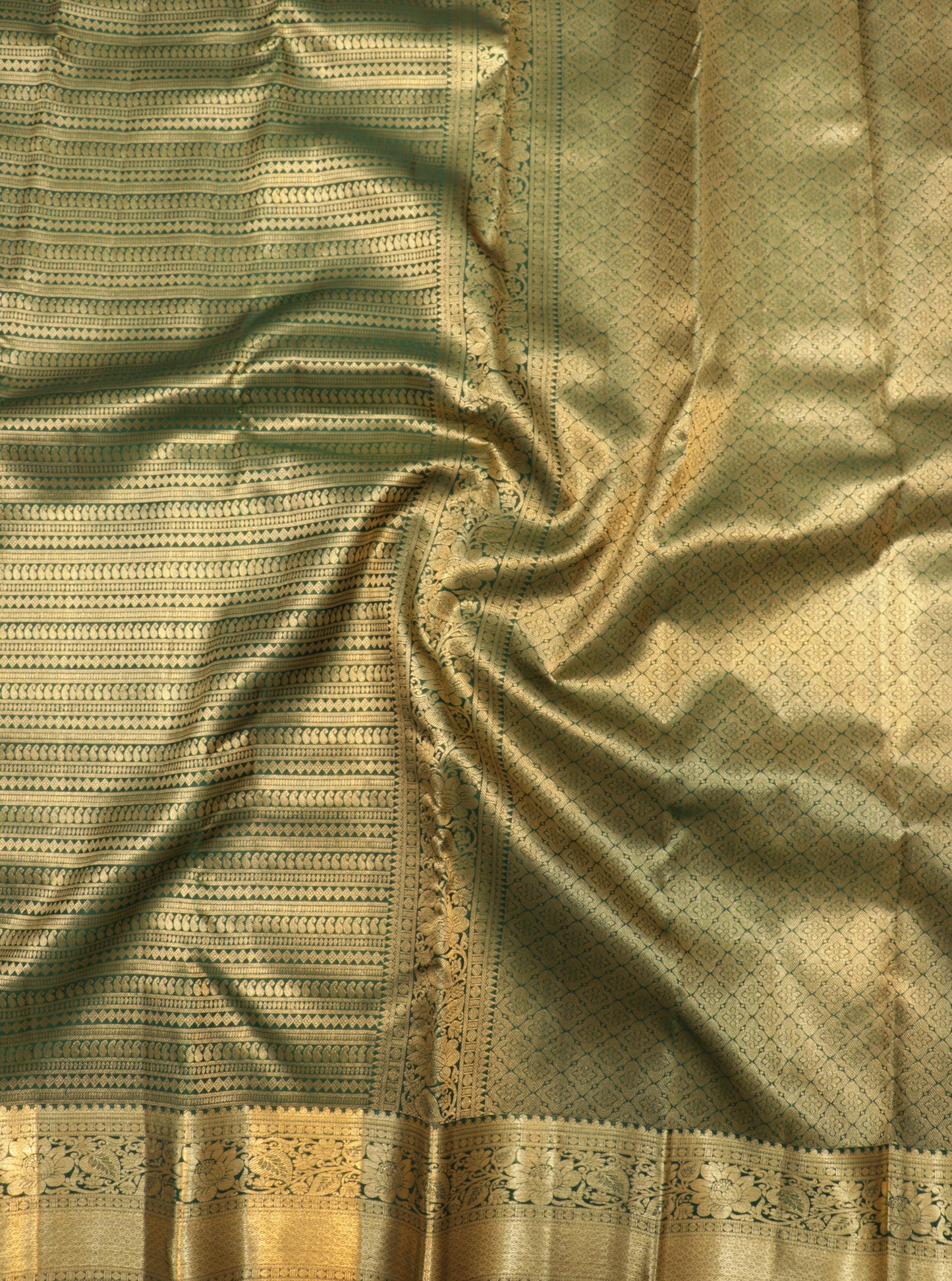 Bottle Green Kanchipuram Silk Saree with Antique Gold Zari Bridal Traditional Saree