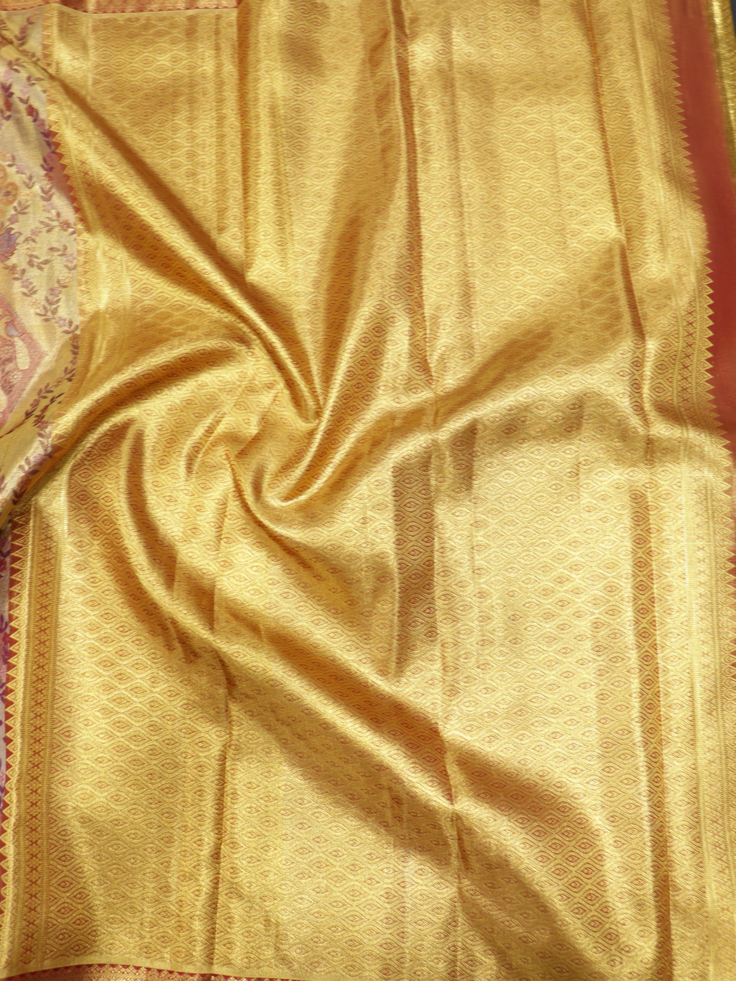 Kanchipuram Pure Silk Saree Gold with Rust Korvai Border | Tissue Bridal Traditional Saree