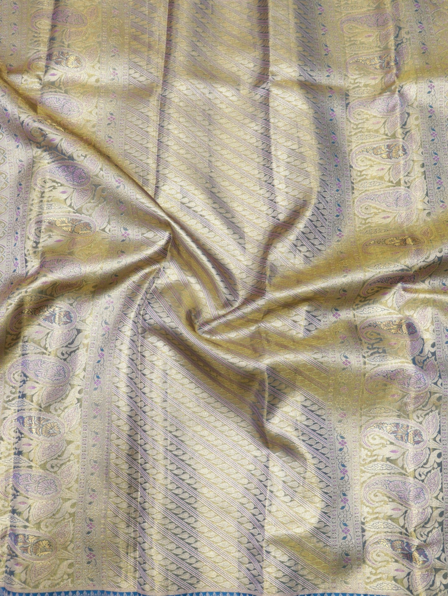 Kanchipuram Pure Silk Saree Pastel Gold with Royal Blue Korvai Border | Bridal Traditional Saree