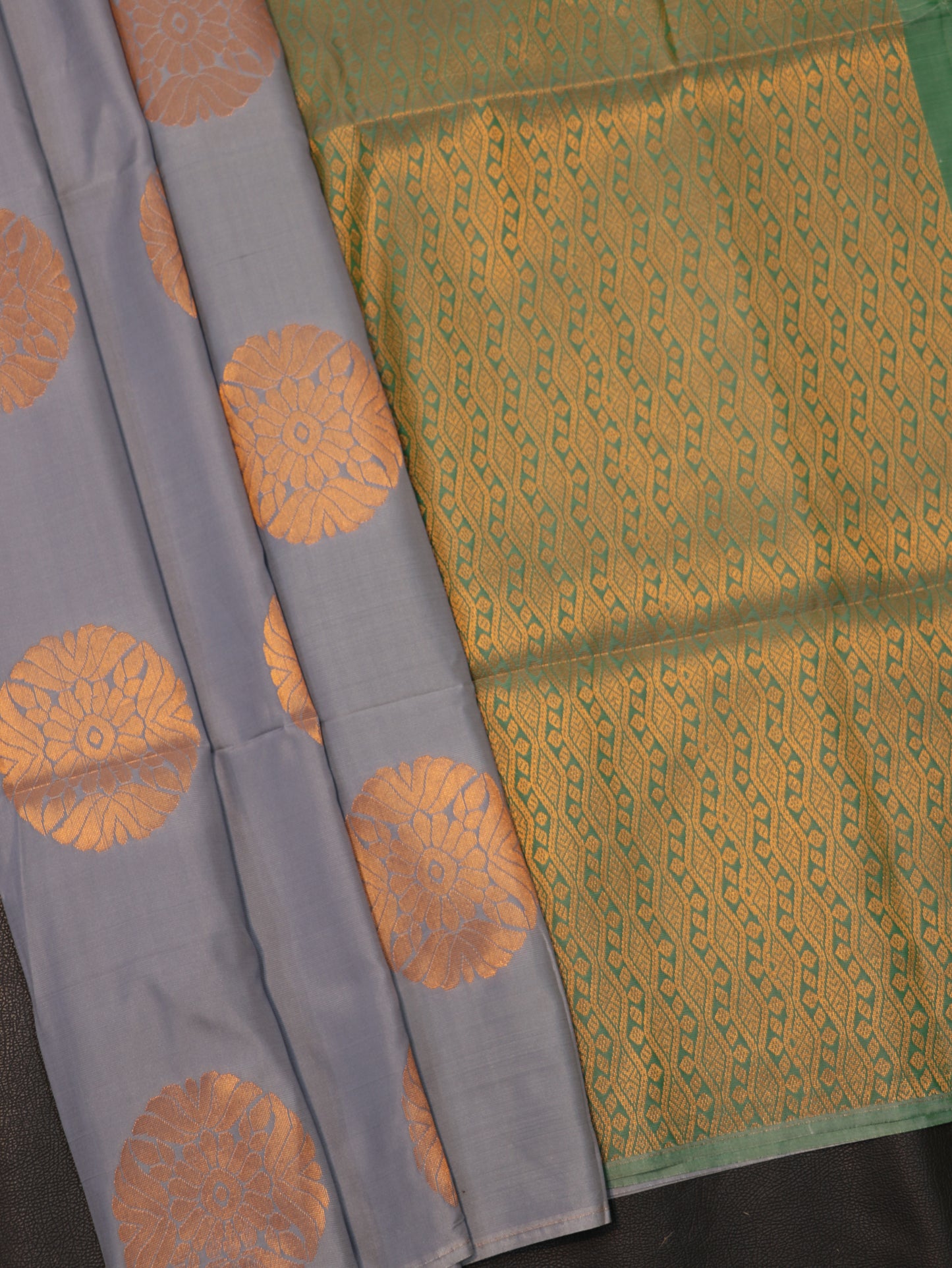 Semi Soft Silk Saree in Grey with Green Zari Pallu | Traditional Designer Saree