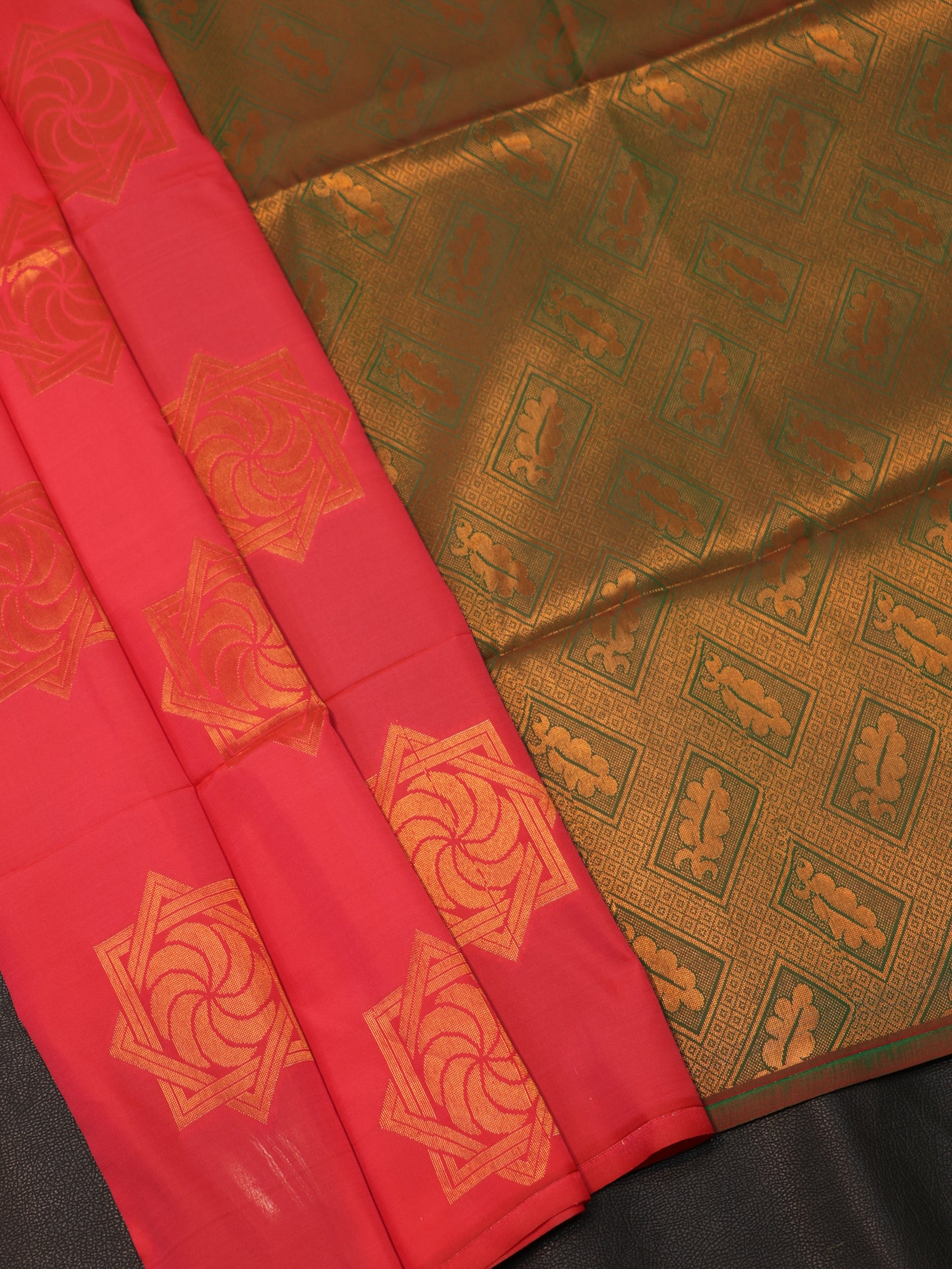 Grand Rani Pink Semi Soft Silk Saree with Antique Gold Designer Pallu & Geometric Zari Motifs
