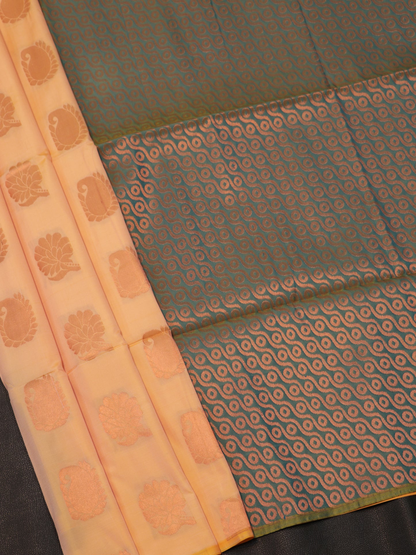 Luxury Pastel Peach Semi Soft Silk Saree with Teal Green Designer Zari Pallu & Paisley Buttas