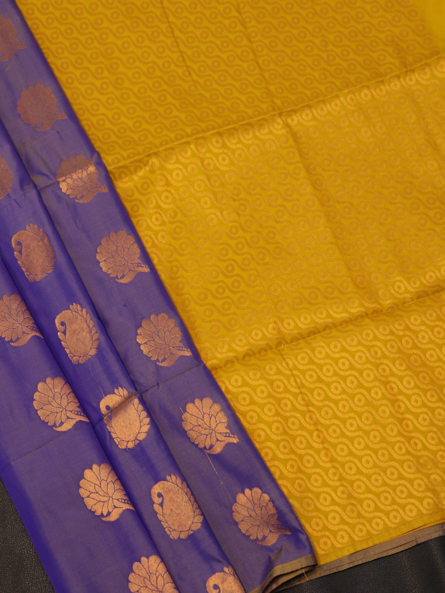 Majestic Purple Semi Soft Silk Saree Mustard Yellow with Contrast Border & Zari Paisley Motifs