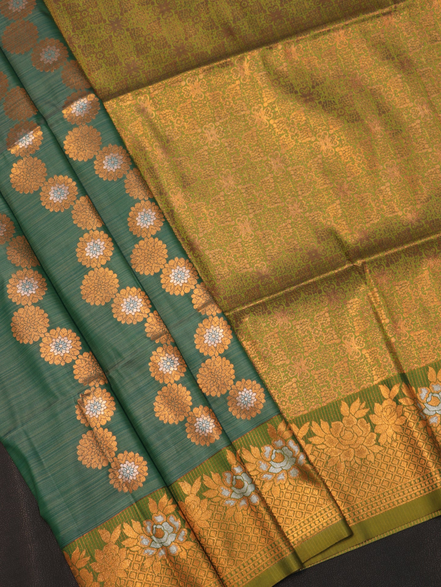 Emerald Green Semi Soft Silk Saree with Antique Gold Floral Zari Brocade Grand Pallu