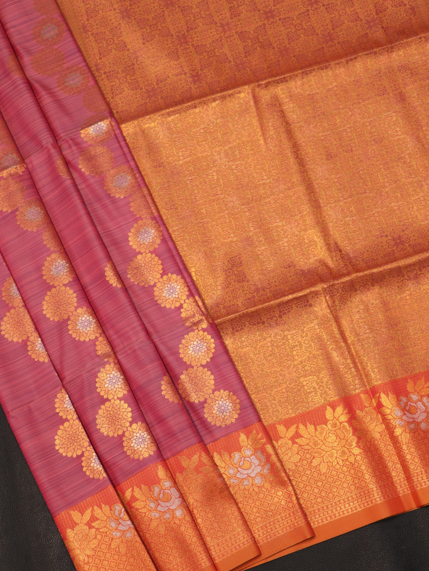 Rose Pink Semi Soft Silk Saree with Sunset Orange Floral Zari Brocade Grand Designer Pallu