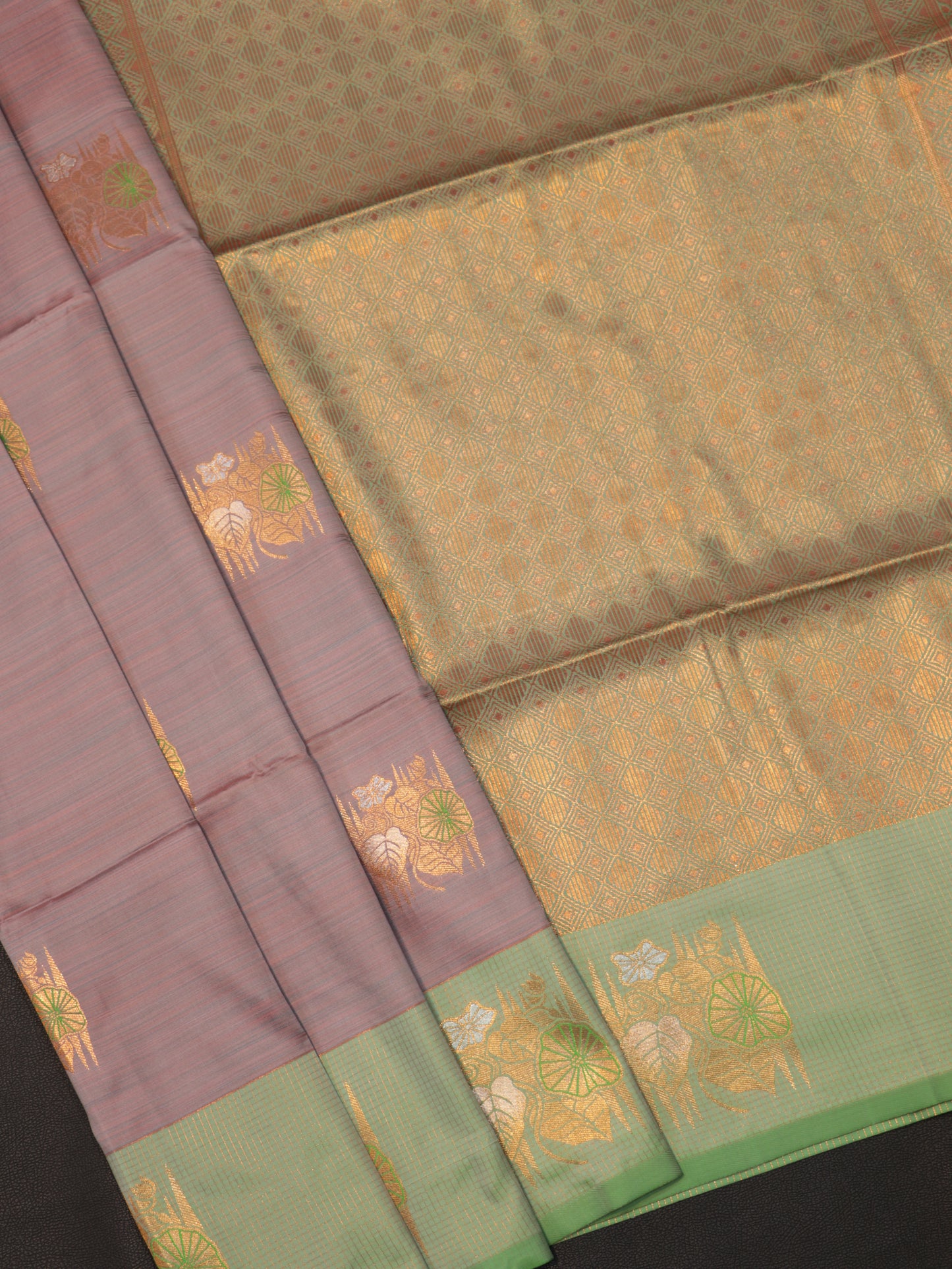 Pastel Mauve Semi Soft Silk Saree with Mint Green Zari Woven Designer Grand Pallu