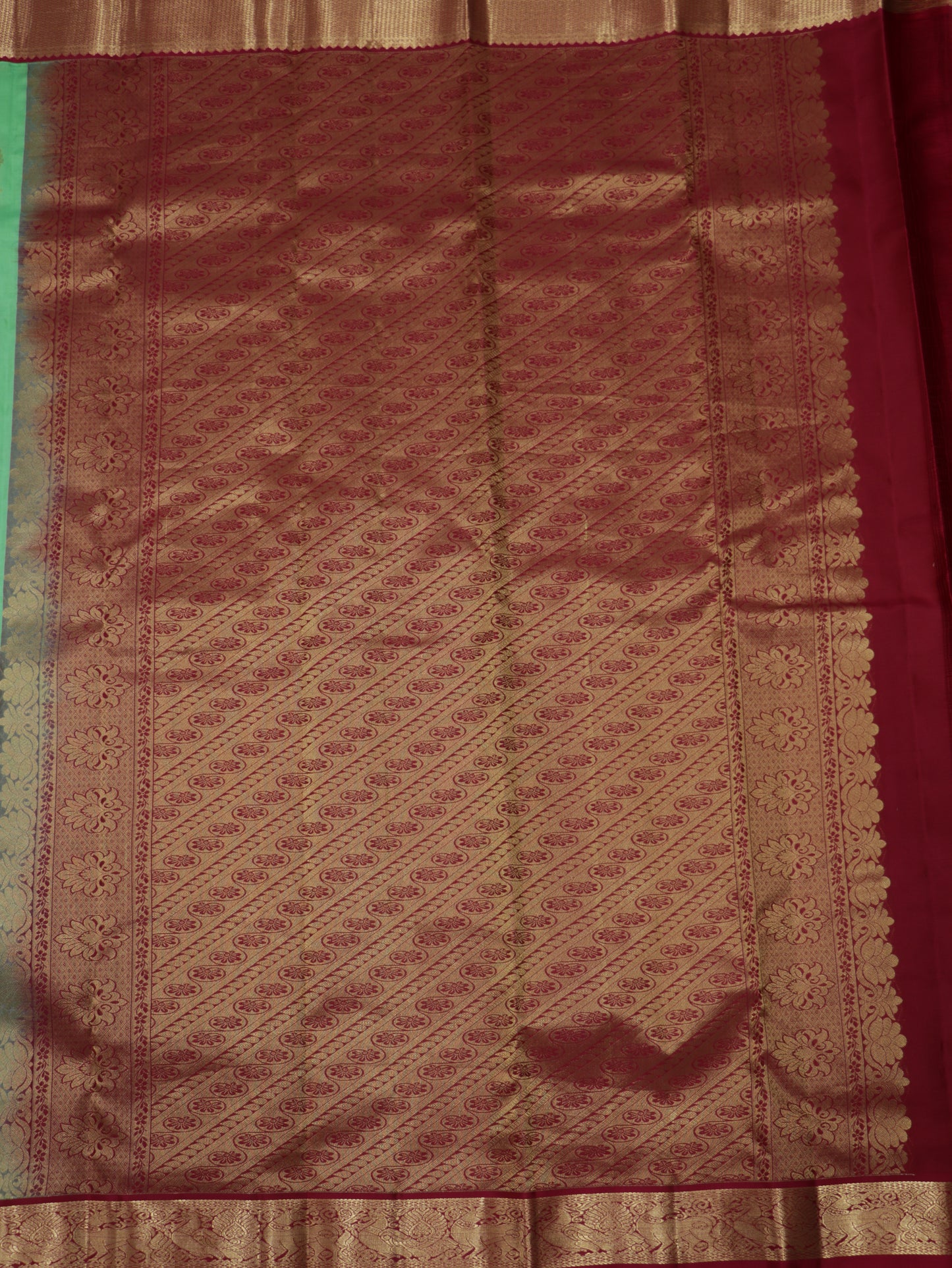 Mint Green Kanchipuram Semi Soft Silk Saree with Rani Pink Korvai Border & Rich Zari Pallu