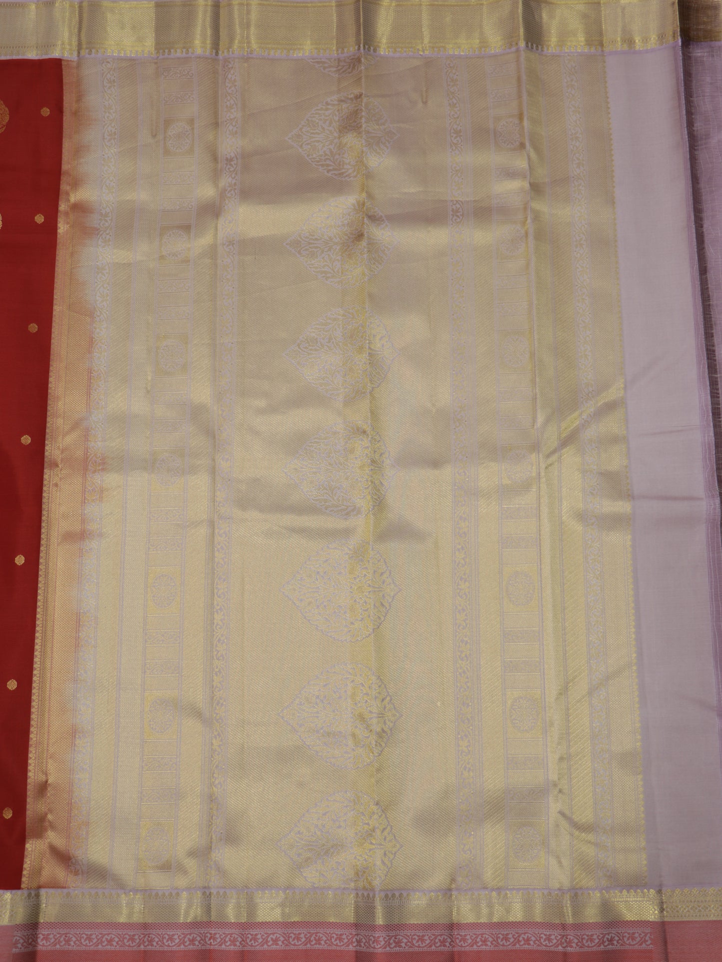 Ruby Red Kanchipuram Semi Soft Silk Saree with Off White Zari Pallu & Pink Korvai Border