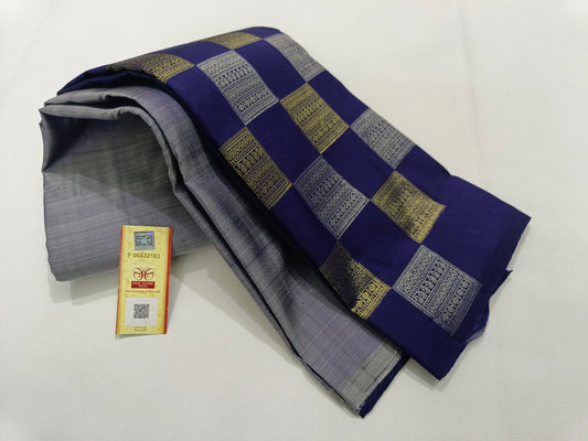 Grey Kanchipuram Pure Silk With Blue Border
