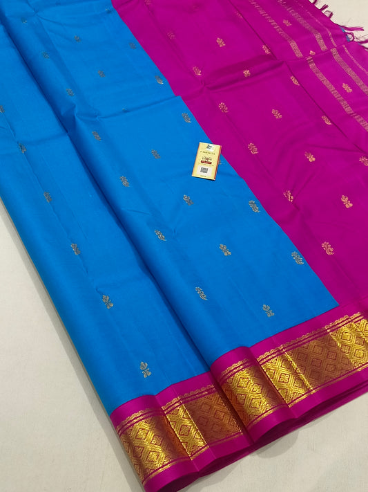 Traditional Blue  Pure Kanchipuram Silk Saree with Pink Border