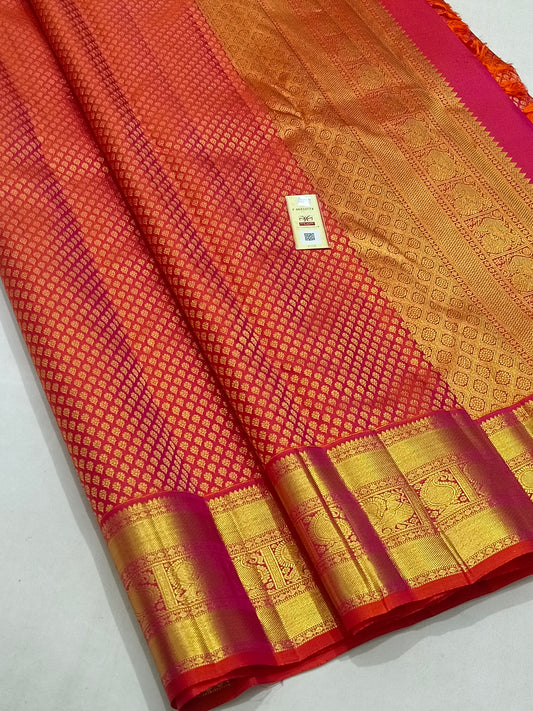 Orangish Pink Wedding Saree In Pure Kanchipuram Silk With Zari Border