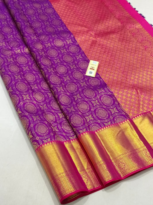 Magenta Wedding Saree In Pure Kanchipuram Silk With Pink Border