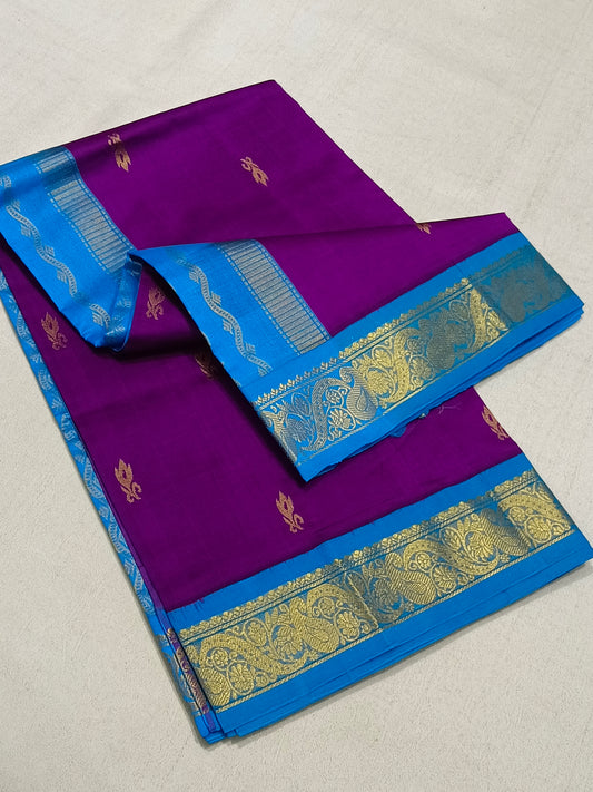 Purple And Blue Silk Cotton Saree