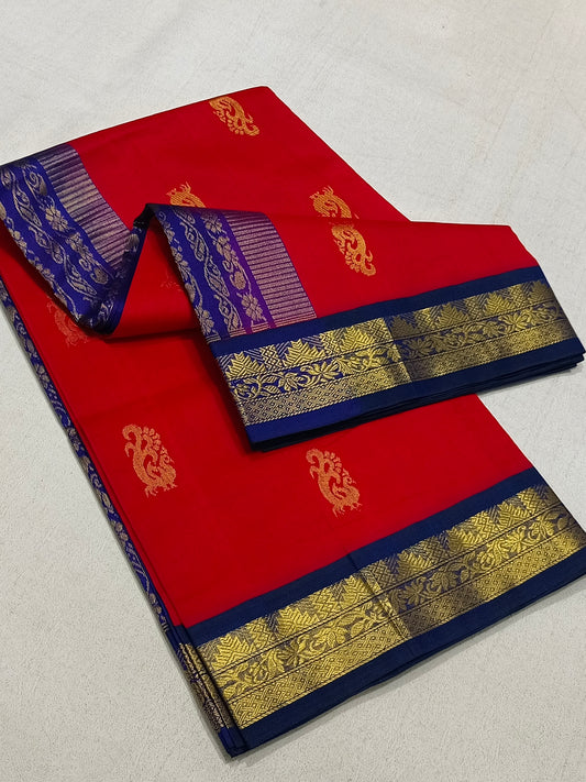 Red And Blue Silk Cotton Saree