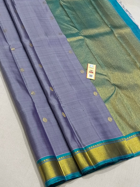 Traditional grey kanchipuram silk saree with sky blue border