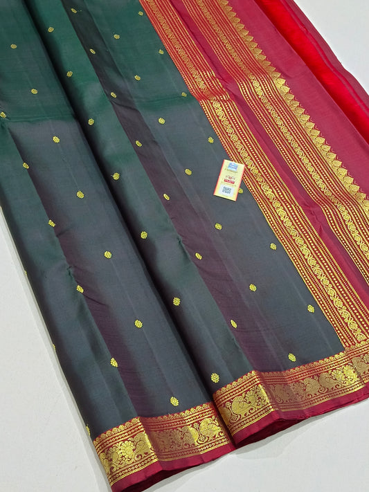 Traditional dark grey kanchipuram silk saree with red border