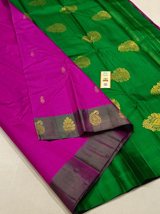 Traditional pink kanchipuram silk saree with green border