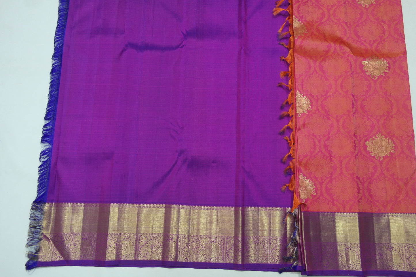 Orange Bridal Kanchipuram Silk Saree With Contrasting Violet Border