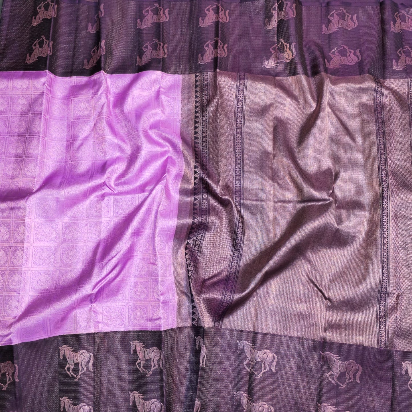 Lavender & Deep Plum Kanchipuram Silk Saree with Majestic Horse Motif Border – Luxury Traditional Wedding Wear