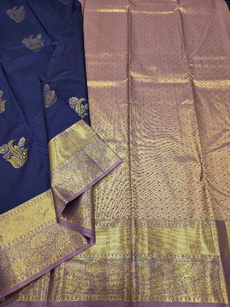 Royal Navy Blue Semi Kanchipuram Silk Saree with Lavender Gold Zari Border & Rich Brocade Pallu