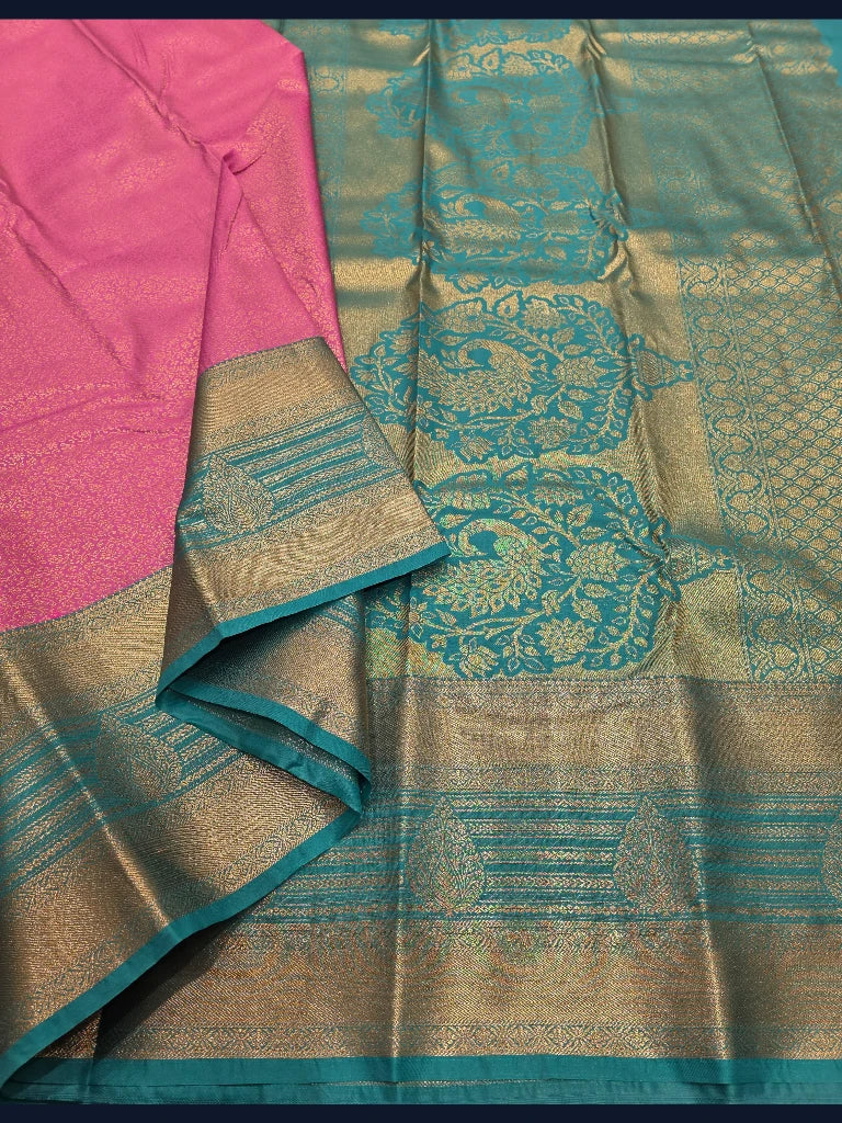 Rose Pink Semi Kanchipuram Silk Saree with Peacock Green Gold Zari Border & Rich Peacock Pallu