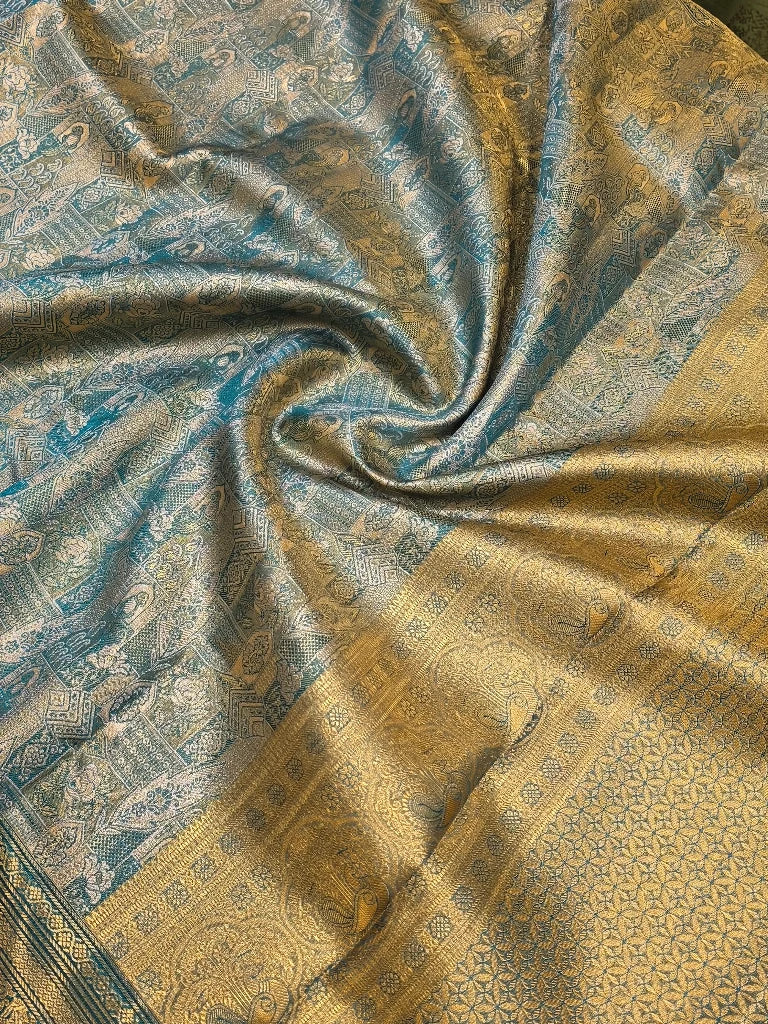 Royal Teal Blue Pure Kanchipuram Silk Saree with Antique Gold Zari Border & Traditional Motifs | Bridal Silk