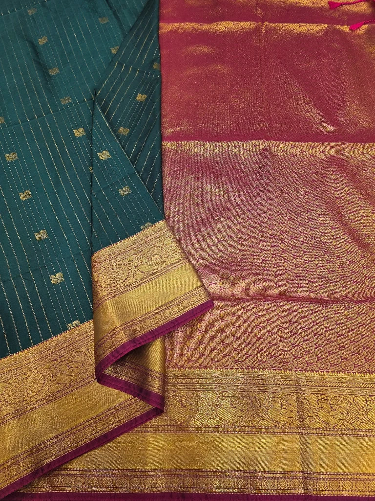 Peacock Green Semi Kanchipuram Silk Saree with Magenta Pink Pallu & Rich Gold Zari Border