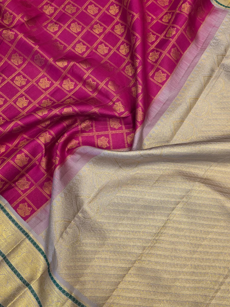 Royal Rani Pink Pure Kanchipuram Silk Saree with Silver Gold Zari Border | Traditional Bridal Saree