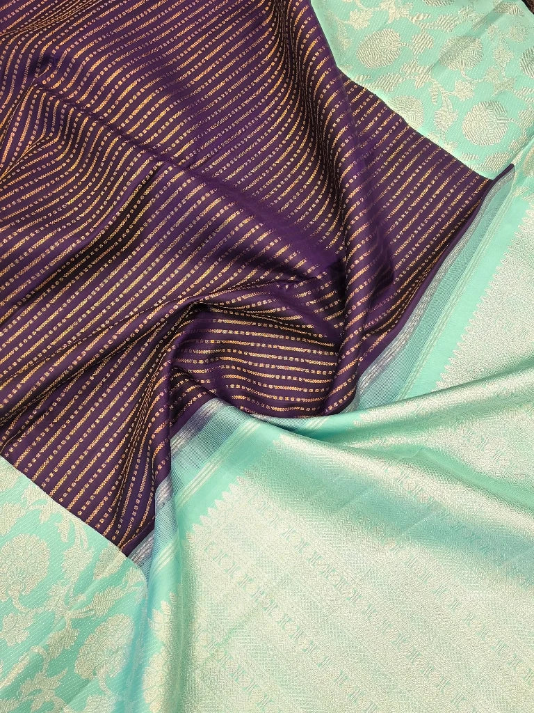Royal Purple & Aqua Blue Pure Kanchipuram Silk Saree with Silver Zari Floral Border | Traditional Bridal Saree