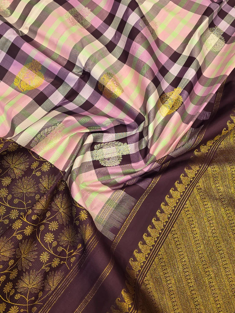 Pastel Multicolor Checks Pure Kanchipuram Silk Saree with Purple Floral Zari Border | Bridal Silk Saree